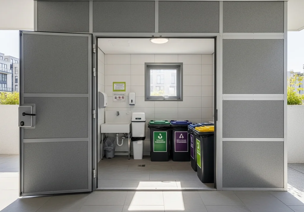 Le local poubelles concentre les conflits parce qu’il mélange hygiène, nuisibles et tri. Contractualisez ce qui peut l’être : tâches, fréquence minimale, et modalités de rattrapage. Côté exigences, on attend un local clos et ventilé, des portes hermétiques, des parois (sols et murs) imperméables et ininflammables, avec prévention contre l’intrusion d’insectes et de rongeurs. Un poste de lavage et une évacuation des eaux usées facilitent la tenue dans le temps, et l’implantation ne doit pas communiquer directement avec des logements ou des locaux alimentaires.
